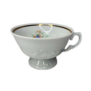 Unmarked Footed China Teacup Only  - Embossed White Floral Gold Trim
